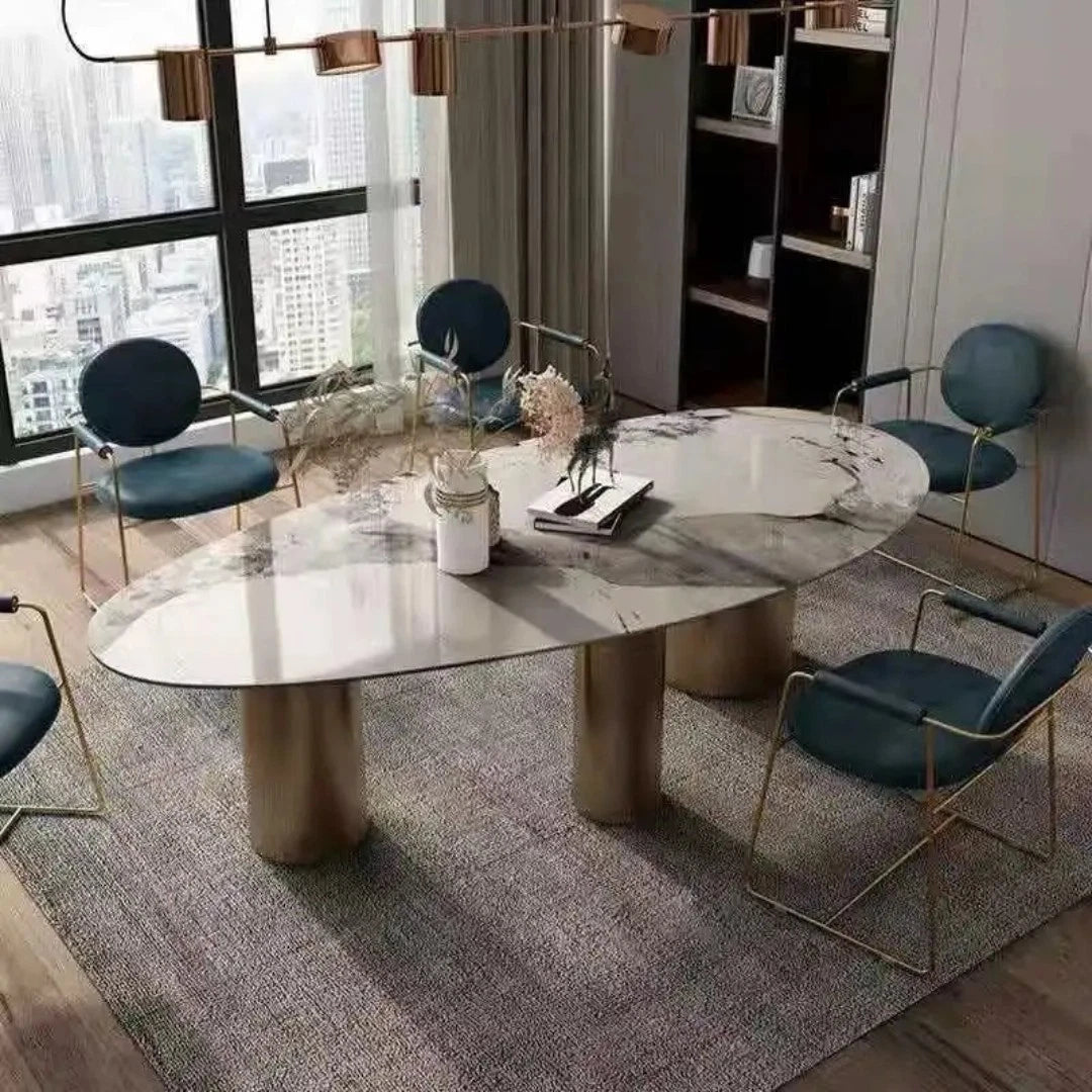 Luxury Light Sintered Stone Oval Dining Table 180cm Stainless Steel Legs