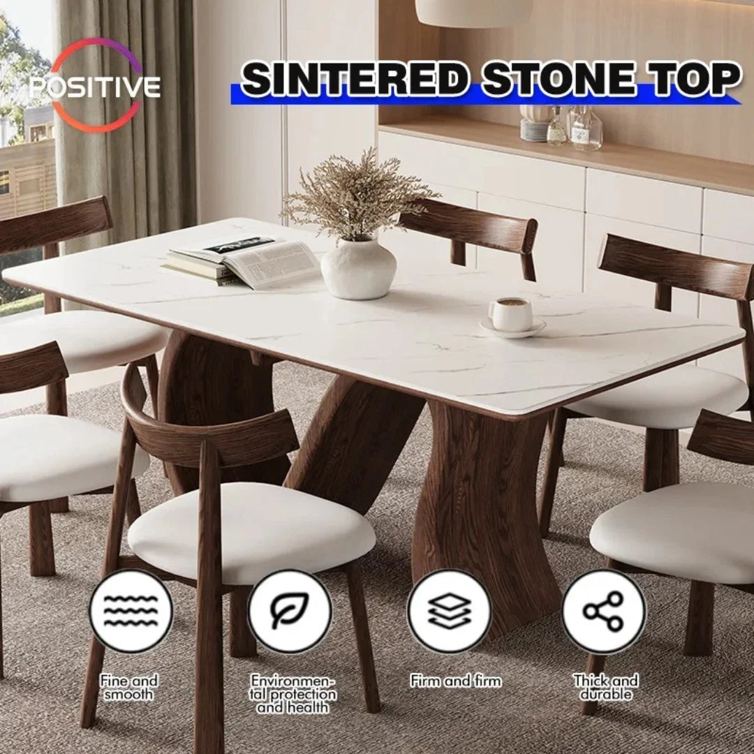 Minimalist Rectangular Matt Sintered Stone Dining Table Solid Wood Walnut Legs
