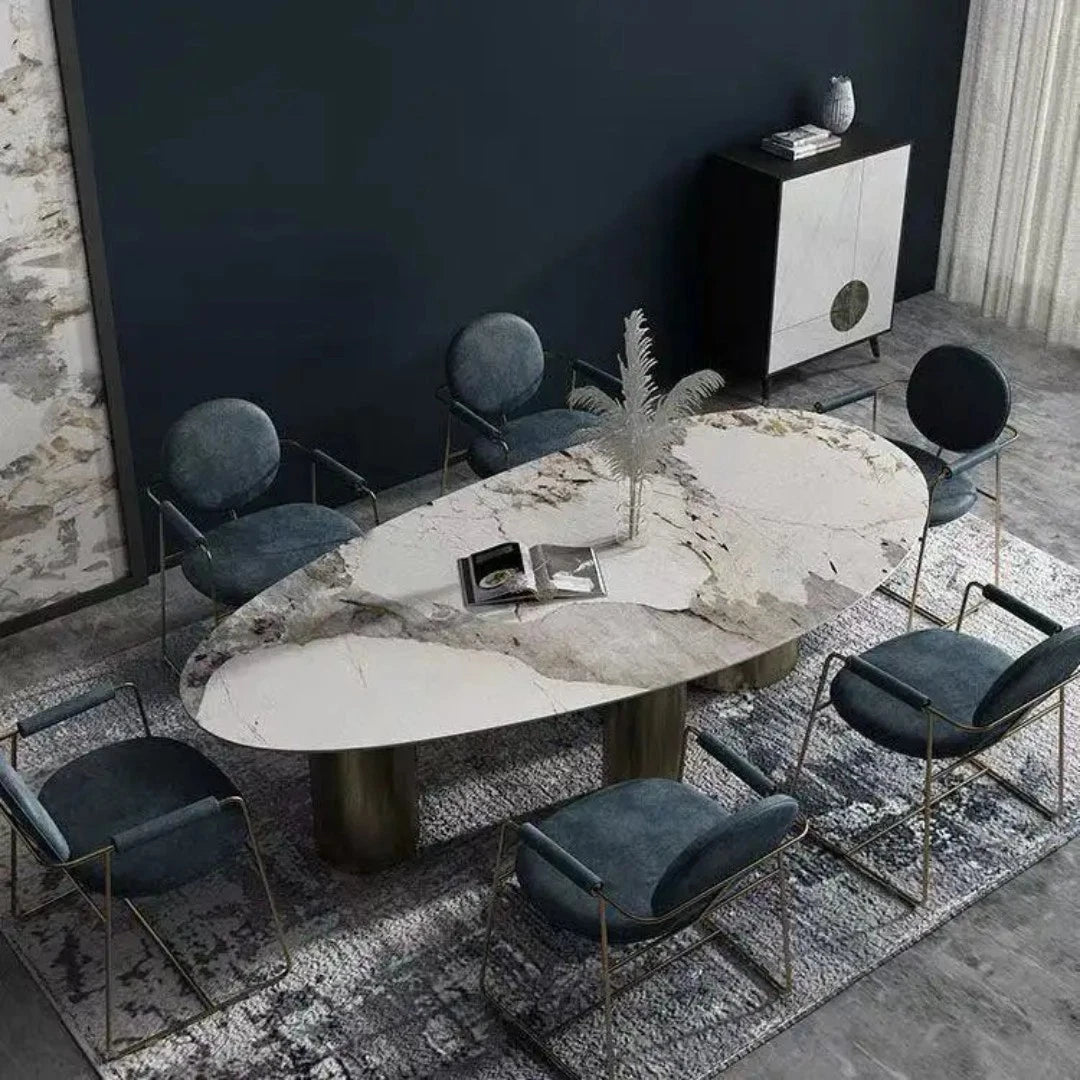 Luxury Light Sintered Stone Oval Dining Table 180cm Stainless Steel Legs