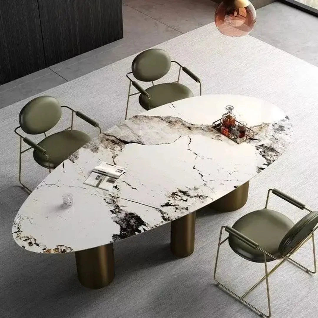 Luxury Light Sintered Stone Oval Dining Table 180cm Stainless Steel Legs