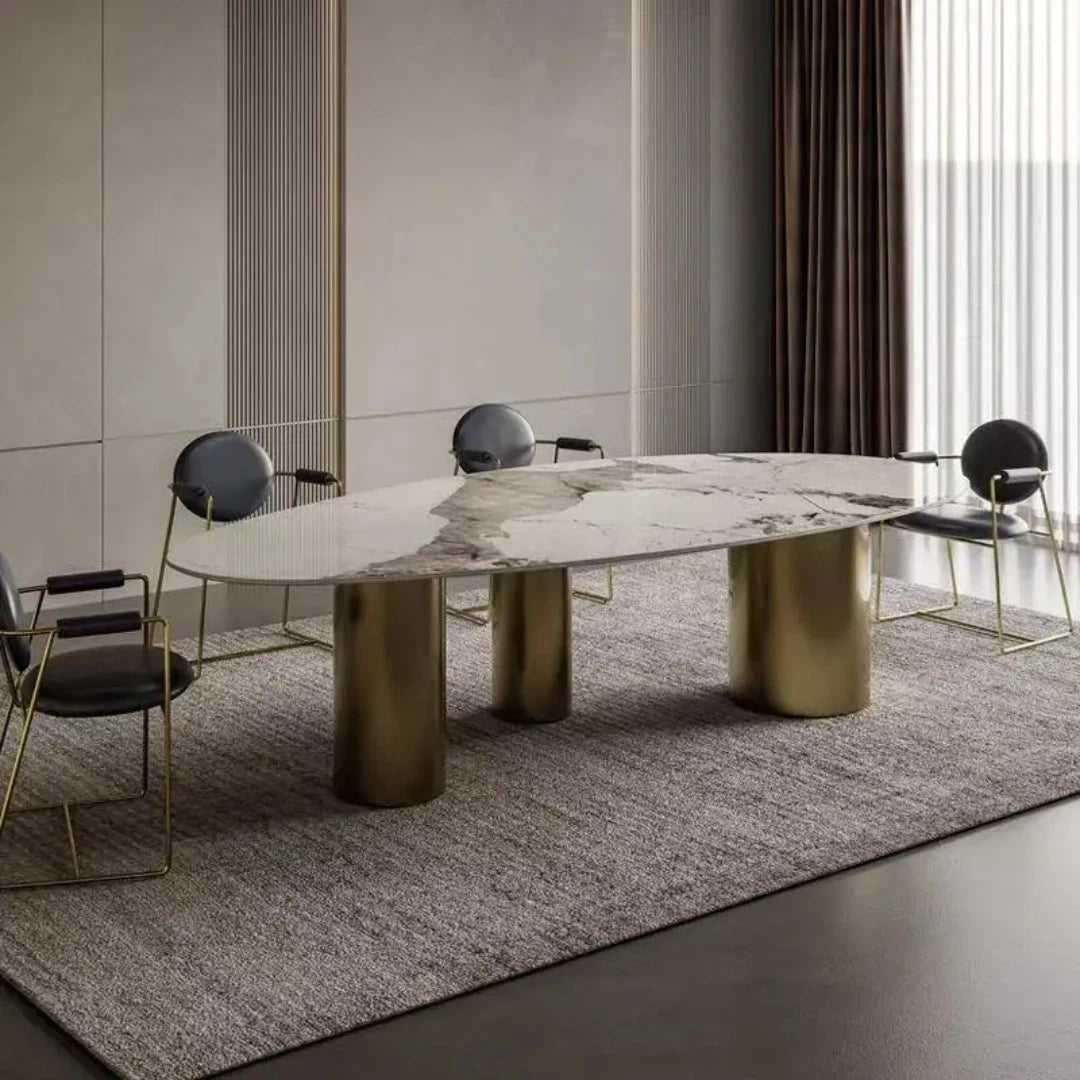 Luxury Light Sintered Stone Oval Dining Table 180cm Stainless Steel Legs