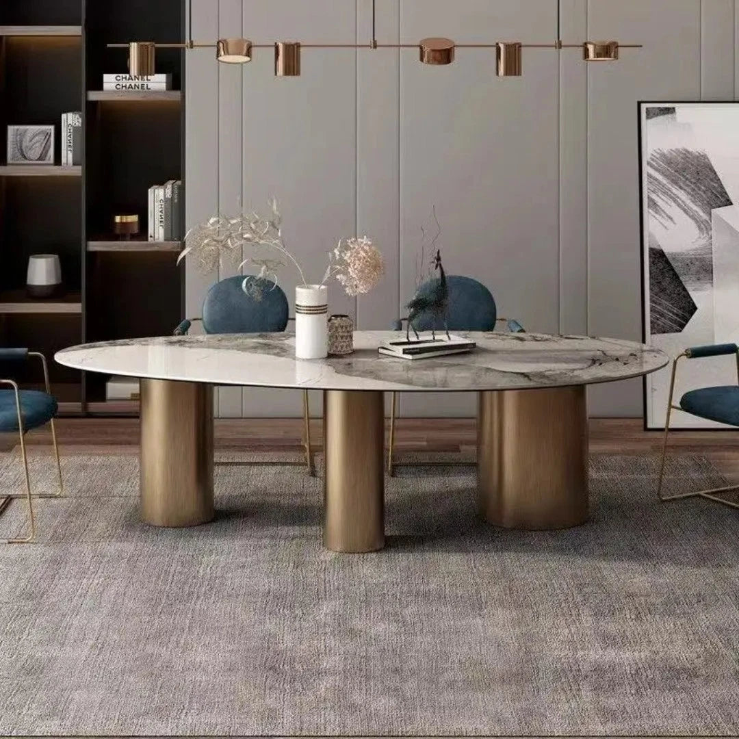 Luxury Light Sintered Stone Oval Dining Table 180cm Stainless Steel Legs