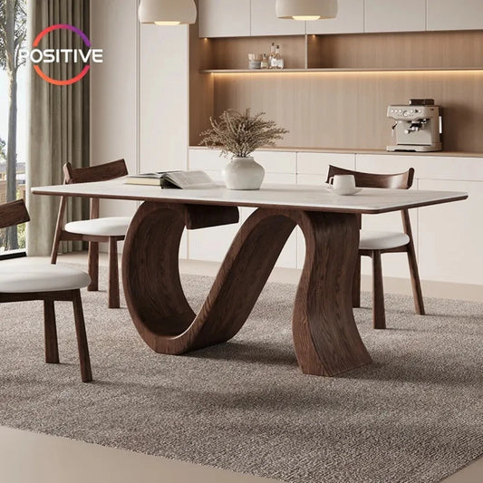 Minimalist Rectangular Matt Sintered Stone Dining Table Solid Wood Walnut Legs