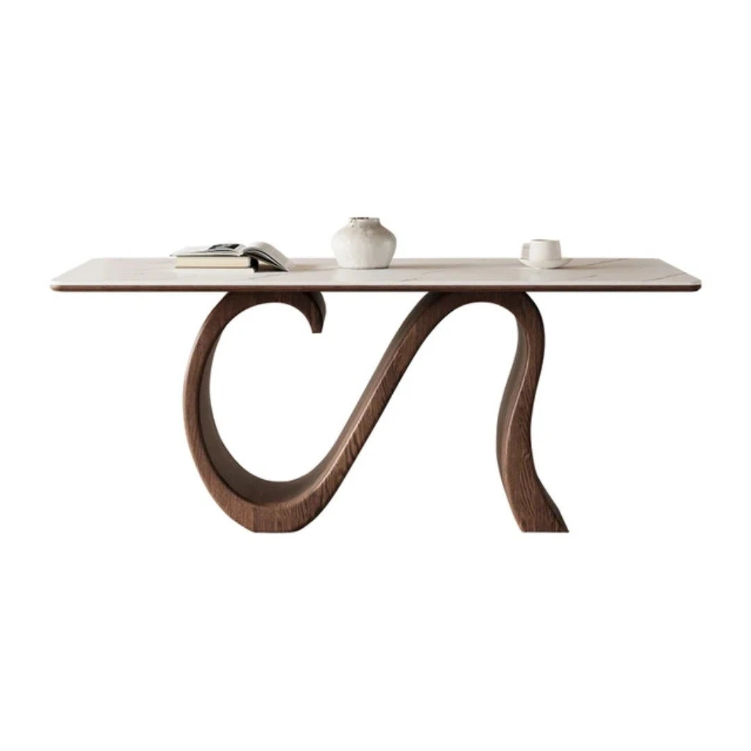Minimalist Rectangular Matt Sintered Stone Dining Table Solid Wood Walnut Legs