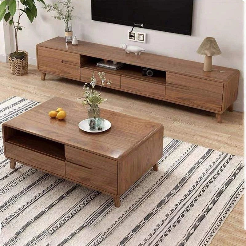 Simple Nordic Style Engineered Wood Living Room TV Cabinet w 2 Drawers & 2 Door & Coffee Table