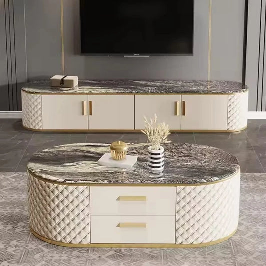 Gorgeous Designer PU Leather Upholstered Coffee Table W Sintered Stone Top&Drwrs