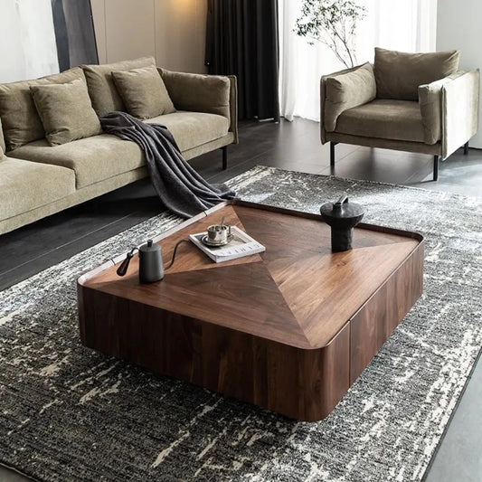 Designer Mid-century Walnut Bark Wood Minimalist Metal Base Coffee Table+Drawers
