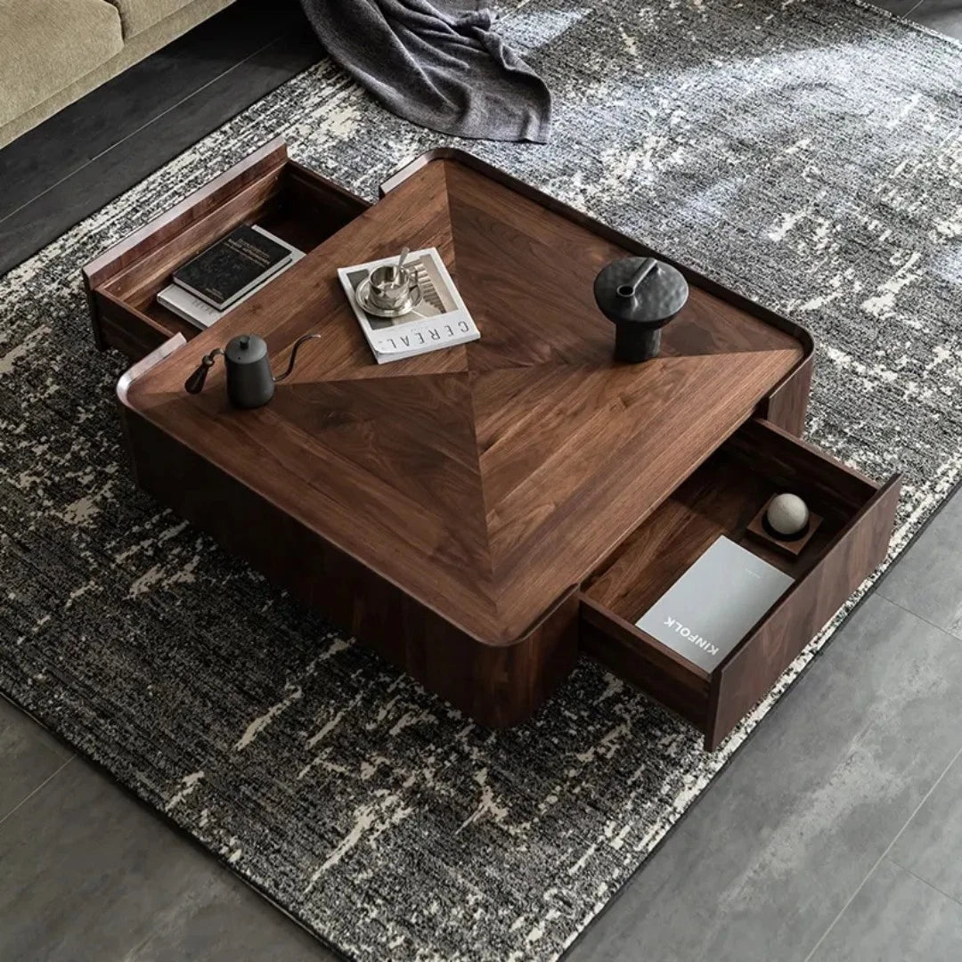 Designer Mid-century Walnut Bark Wood Minimalist Metal Base Coffee Table+Drawers
