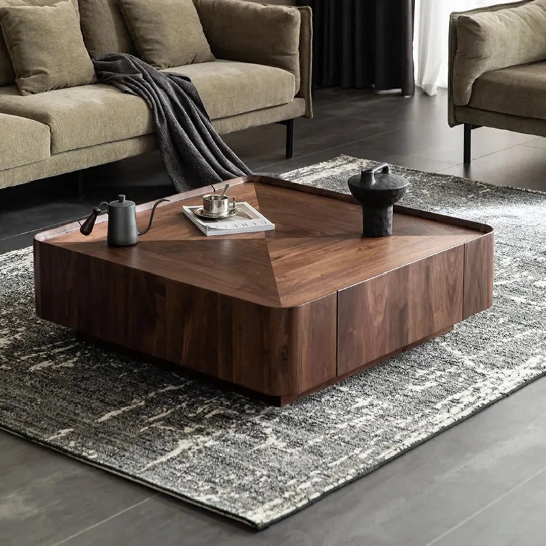 Designer Mid-century Walnut Bark Wood Minimalist Metal Base Coffee Table+Drawers