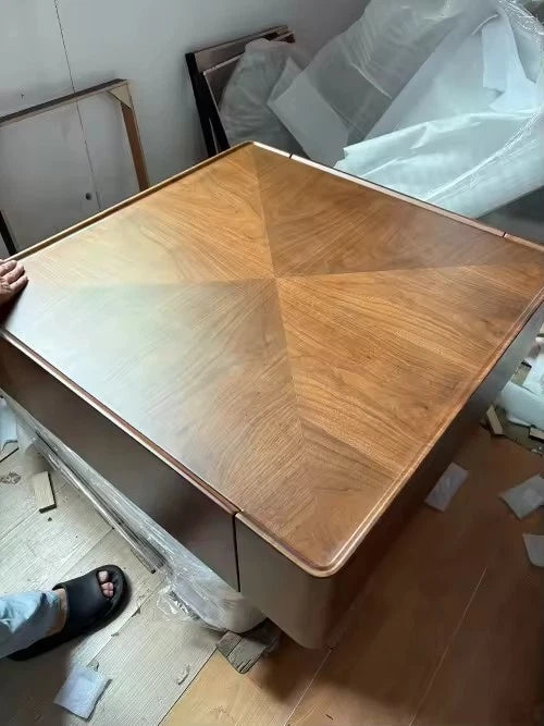 Designer Mid-century Walnut Bark Wood Minimalist Metal Base Coffee Table+Drawers