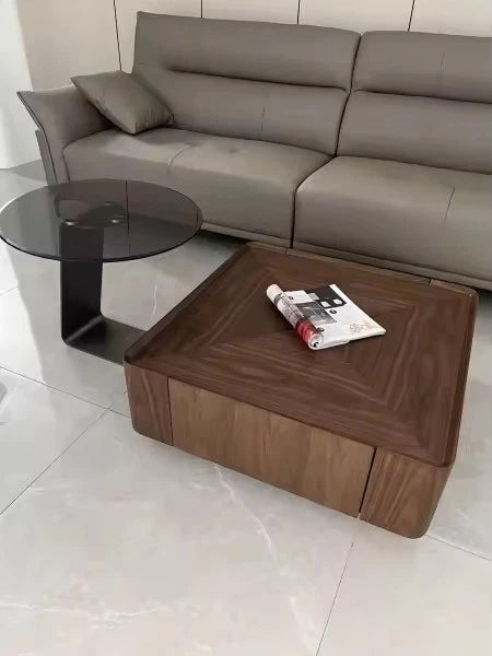 Designer Mid-century Walnut Bark Wood Minimalist Metal Base Coffee Table+Drawers