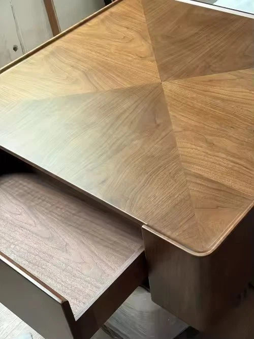 Designer Mid-century Walnut Bark Wood Minimalist Metal Base Coffee Table+Drawers